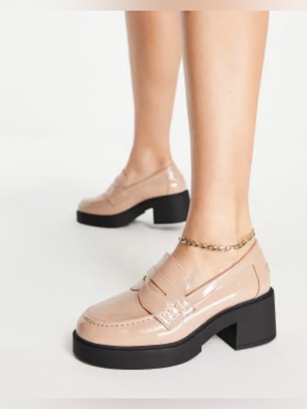 ASOS Patent Nude Loafers with Black Block Heel